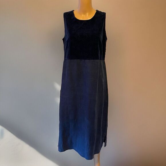 VTG I.V.Y USA Shift Dress 10 Sleeveless Blue Linen Slit Sides Embroidered Accent - Picture 1 of 10